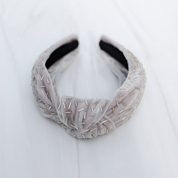 Silver Confetti Knot Velvet Headband Bugle Beads Handmade Knotted Turban Party main image 9